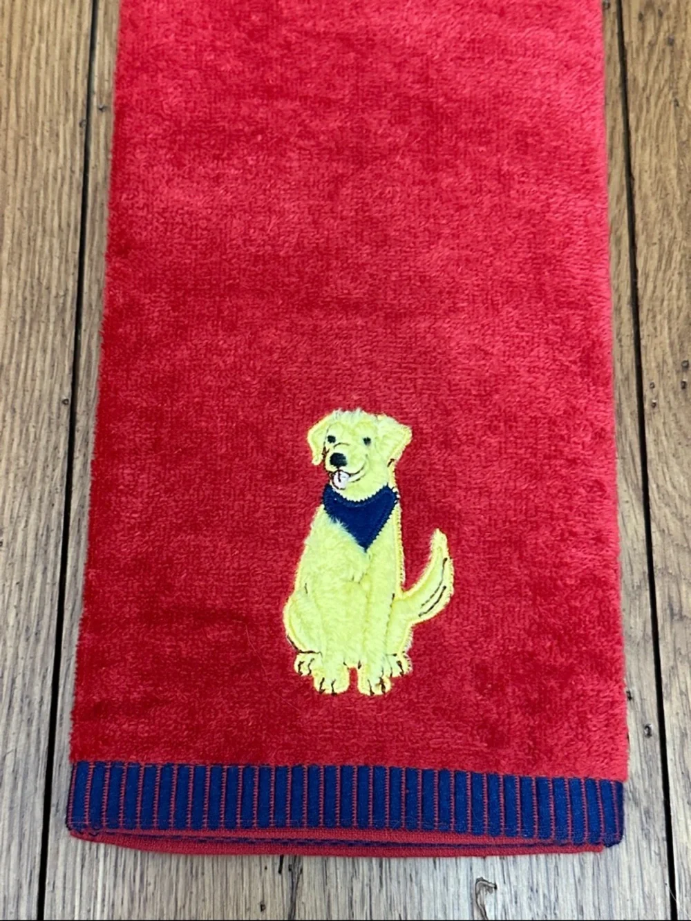 Dog Embroidered Red Hand Towel wth Yellow Labrador Motif